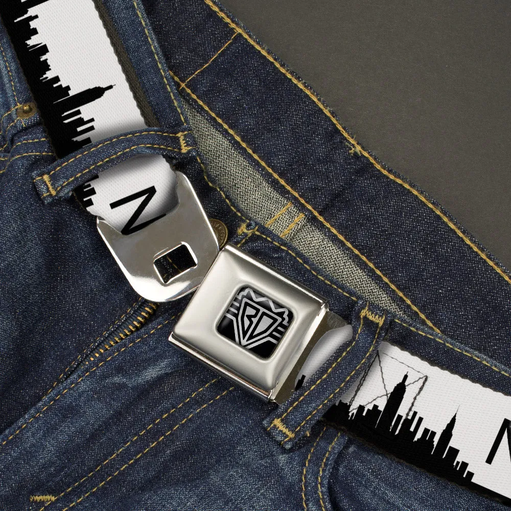 BD Wings Logo CLOSE-UP Full Color Black Silver Seatbelt Belt - New York City Solid Skyline/NY White/Black Webbing