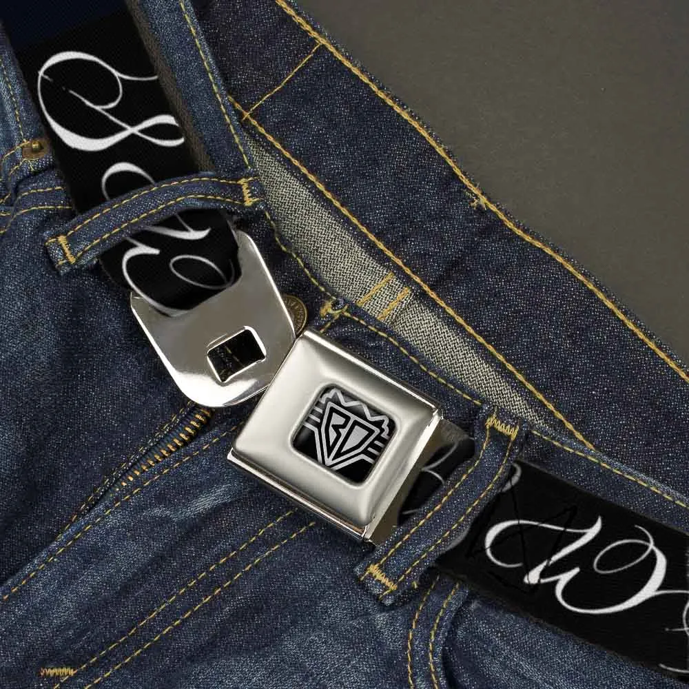 BD Wings Logo CLOSE-UP Full Color Black Silver Seatbelt Belt - SWAG Script Black/White Webbing