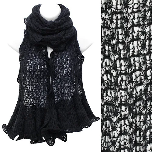 Beautiful Sweet Knit Lace Ruffle Edged Long Fashion Scarf Black