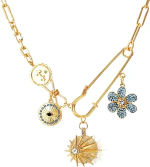 Charm Necklace for Women Chunky Plated Necklace Evil Eye Sun Pendant Statement Rhinestone Chain