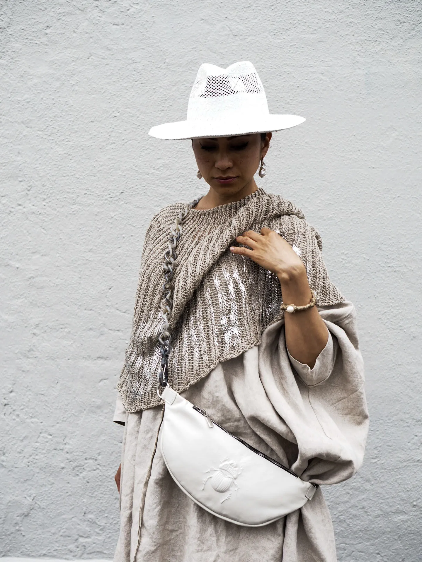 Hand knit shrug (Linen) w/ foil print - Mocca