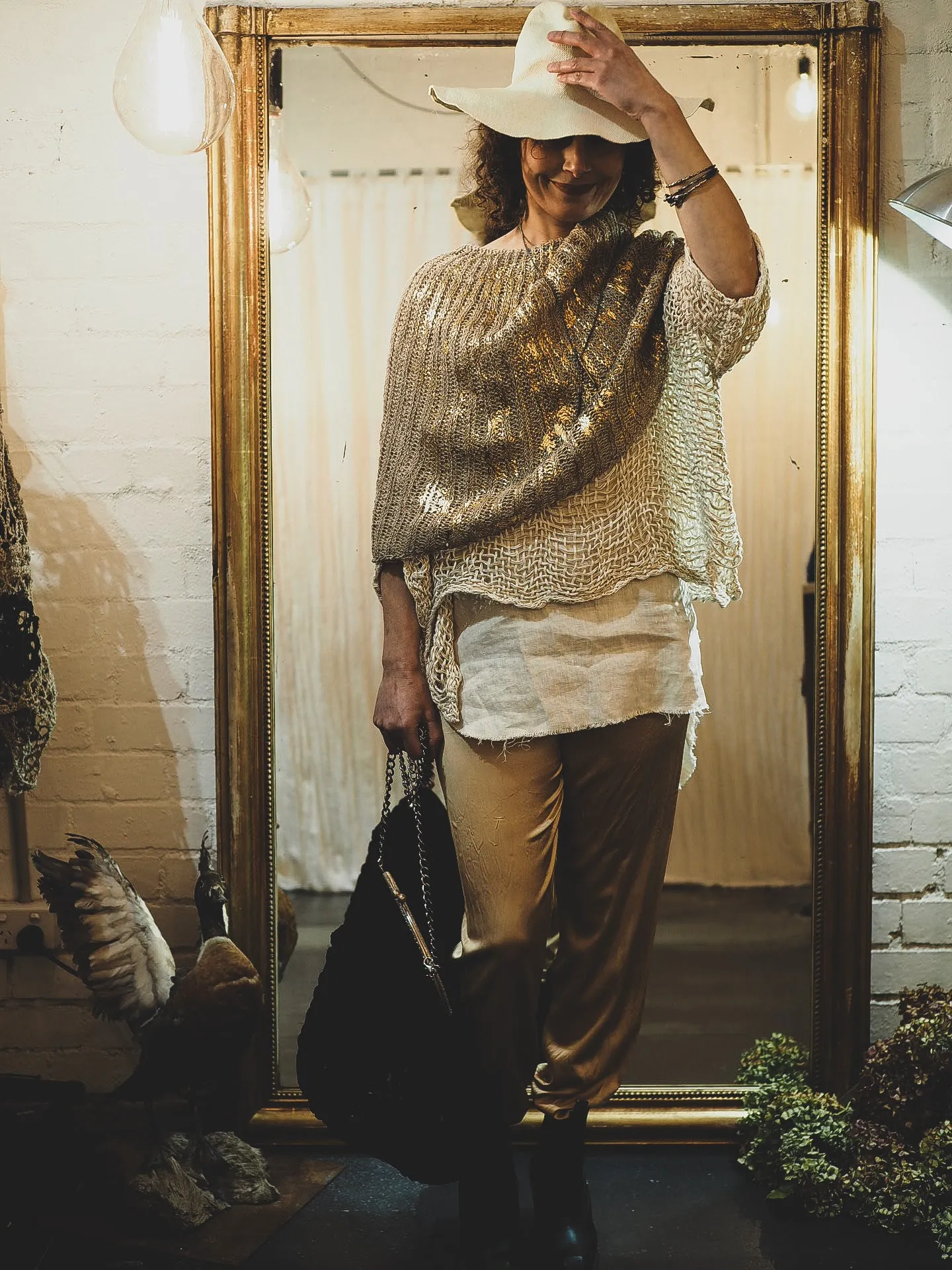 Hand knit shrug (Linen) w/ foil print - Mocca