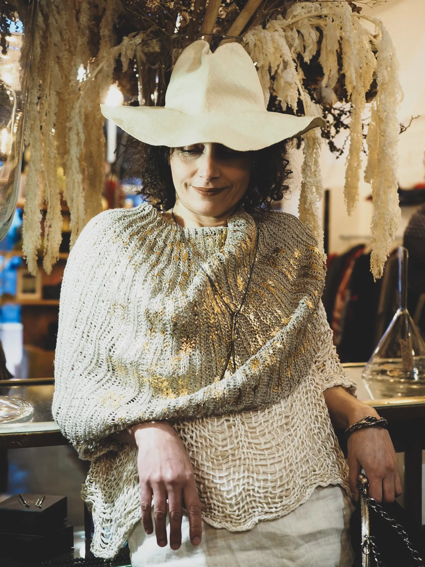 Hand knit shrug (Linen) w/ foil print - Mocca