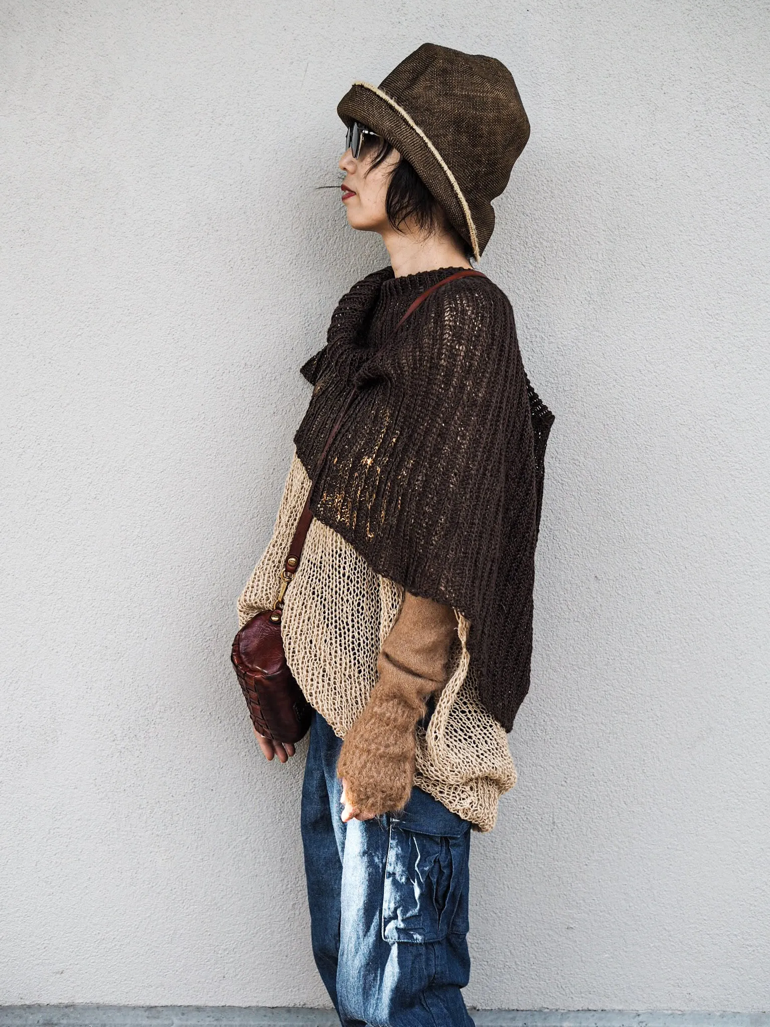 Hand knit shrug (Linen) w/ foil print - Mocca