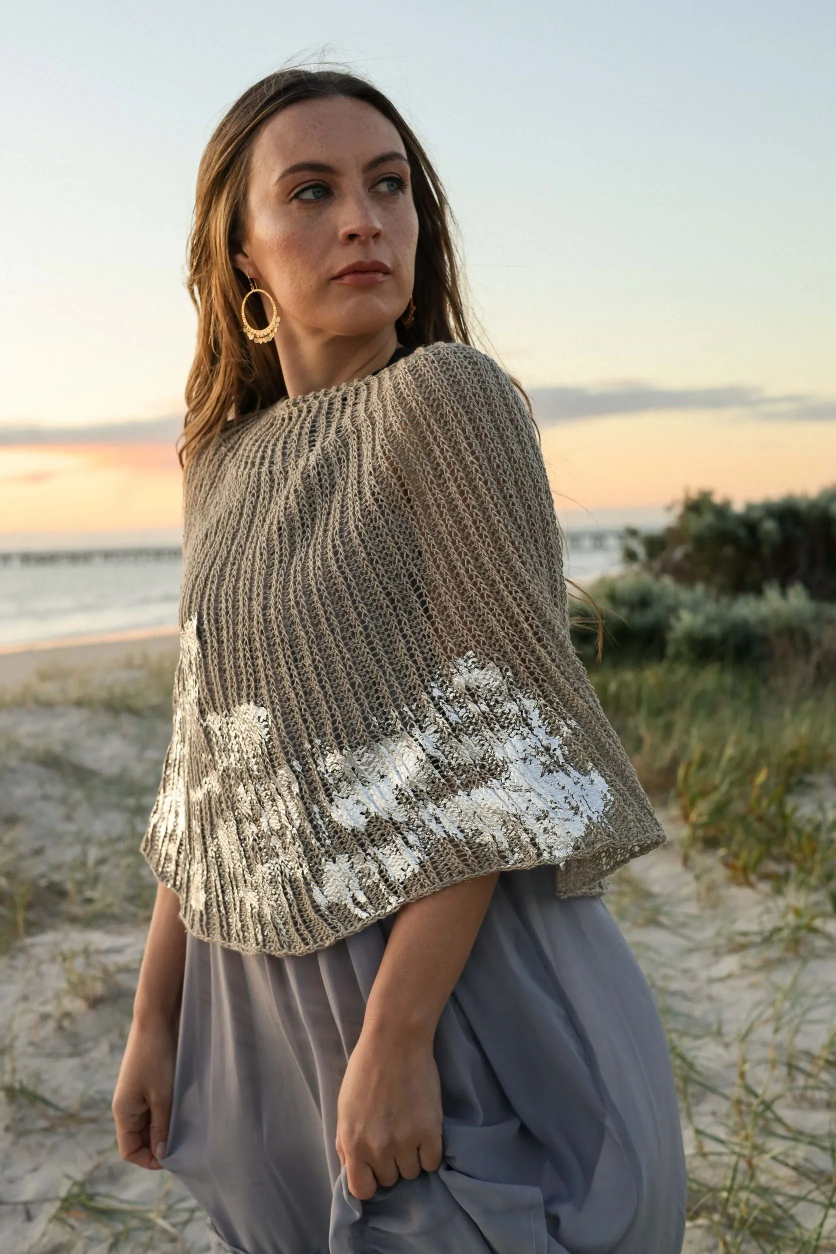 Hand knit shrug (Linen) w/ foil print - Mocca