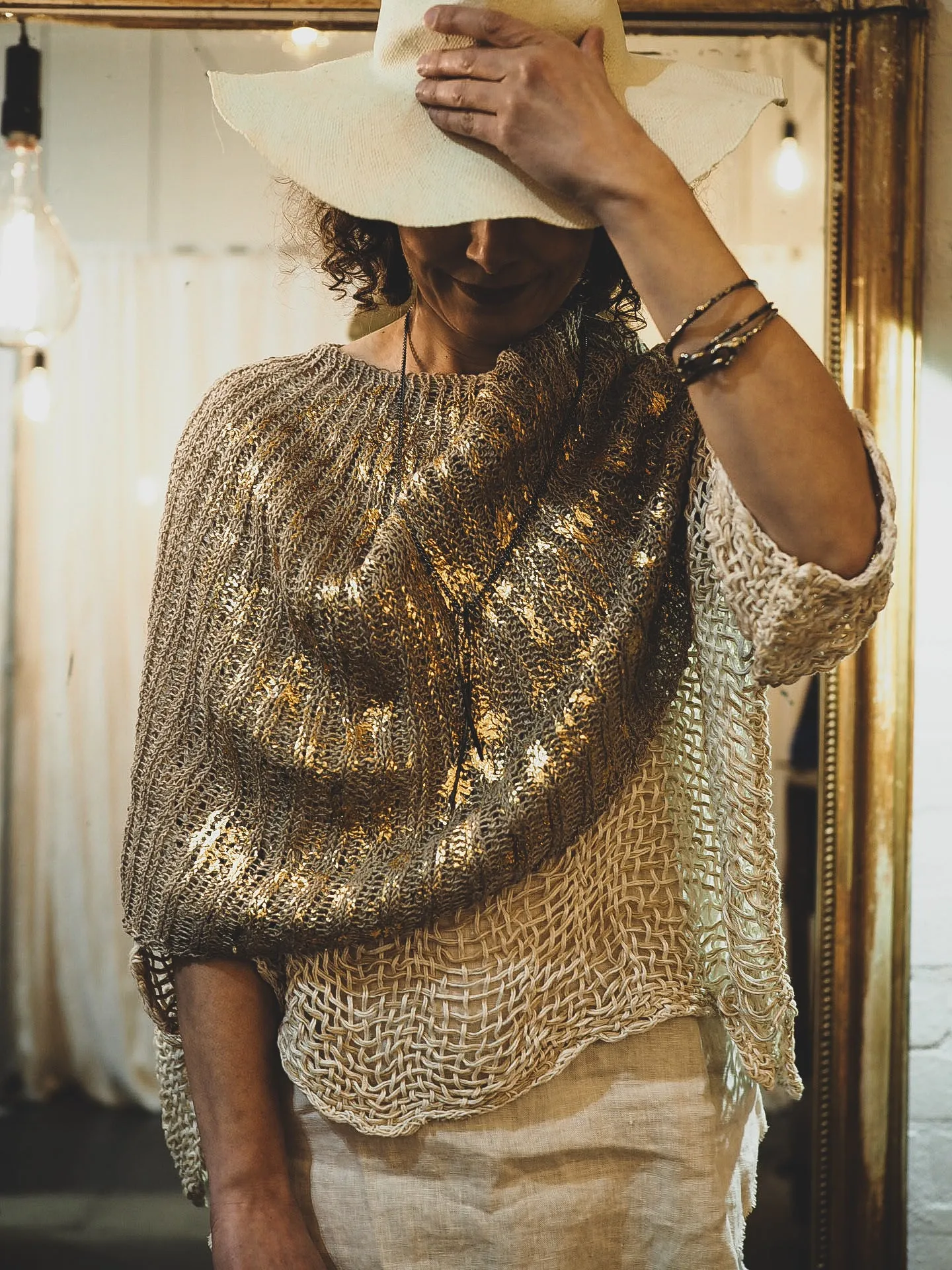 Hand knit shrug (Linen) w/ foil print - Mocca