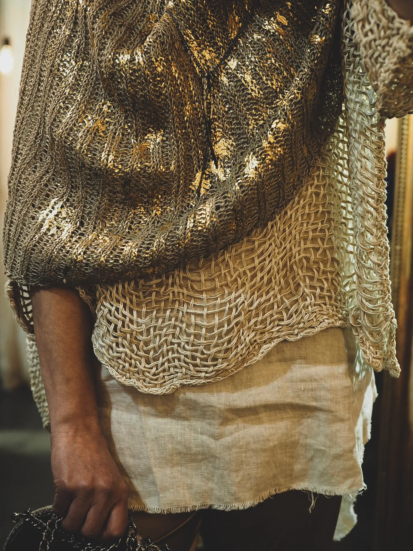 Hand knit shrug (Linen) w/ foil print - Mocca