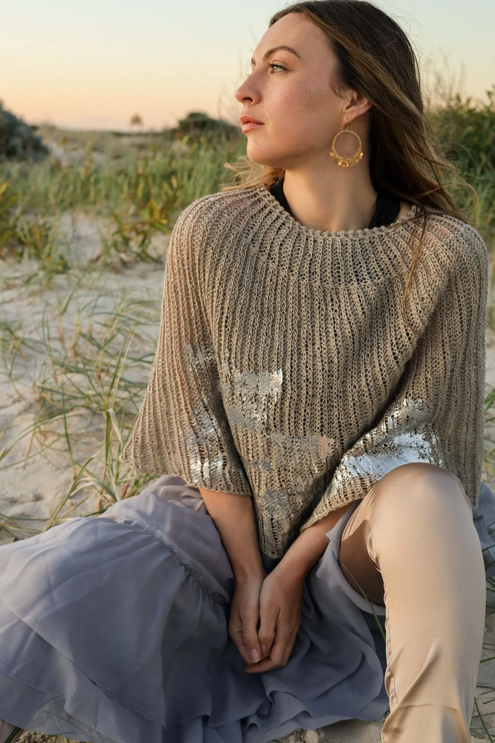 Hand knit shrug (Linen) W/ foil print - Natural