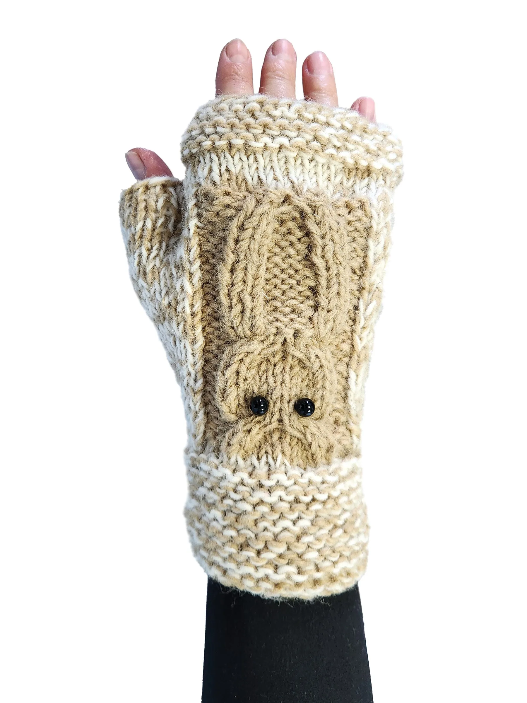Handmade Fingerless Knit Gloves Owl