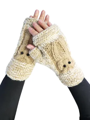 Handmade Fingerless Knit Gloves Owl