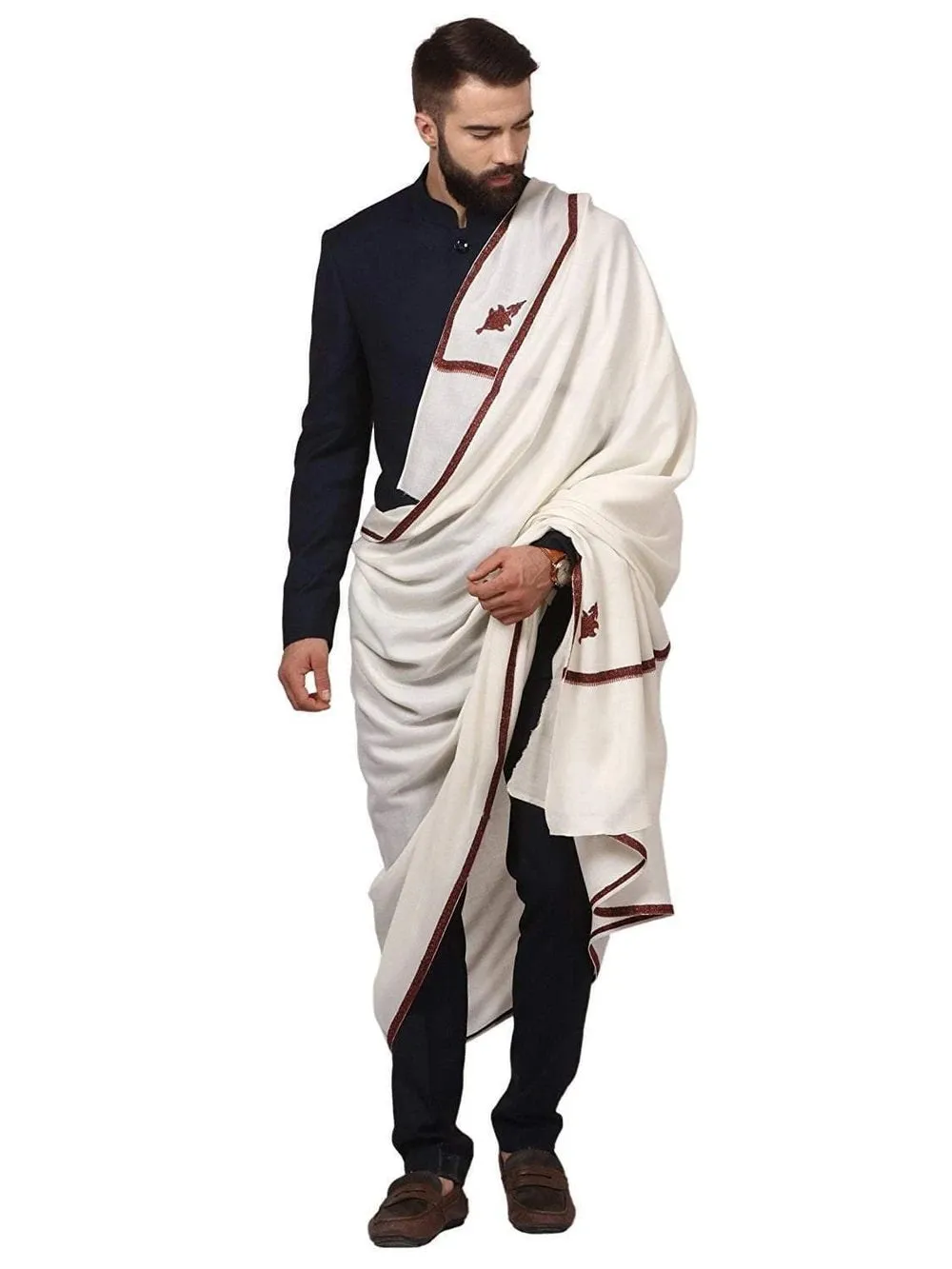 KASHMIRI MENS HAND EMBROIDERY SHAWL, WOOLLEN SHAWL WITH KASHMIRI KINGRI DESIGN EMBROIDERY FULL SIZE (BEIGE)