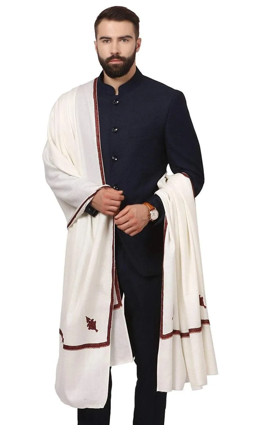 KASHMIRI MENS HAND EMBROIDERY SHAWL, WOOLLEN SHAWL WITH KASHMIRI KINGRI DESIGN EMBROIDERY FULL SIZE (BEIGE)