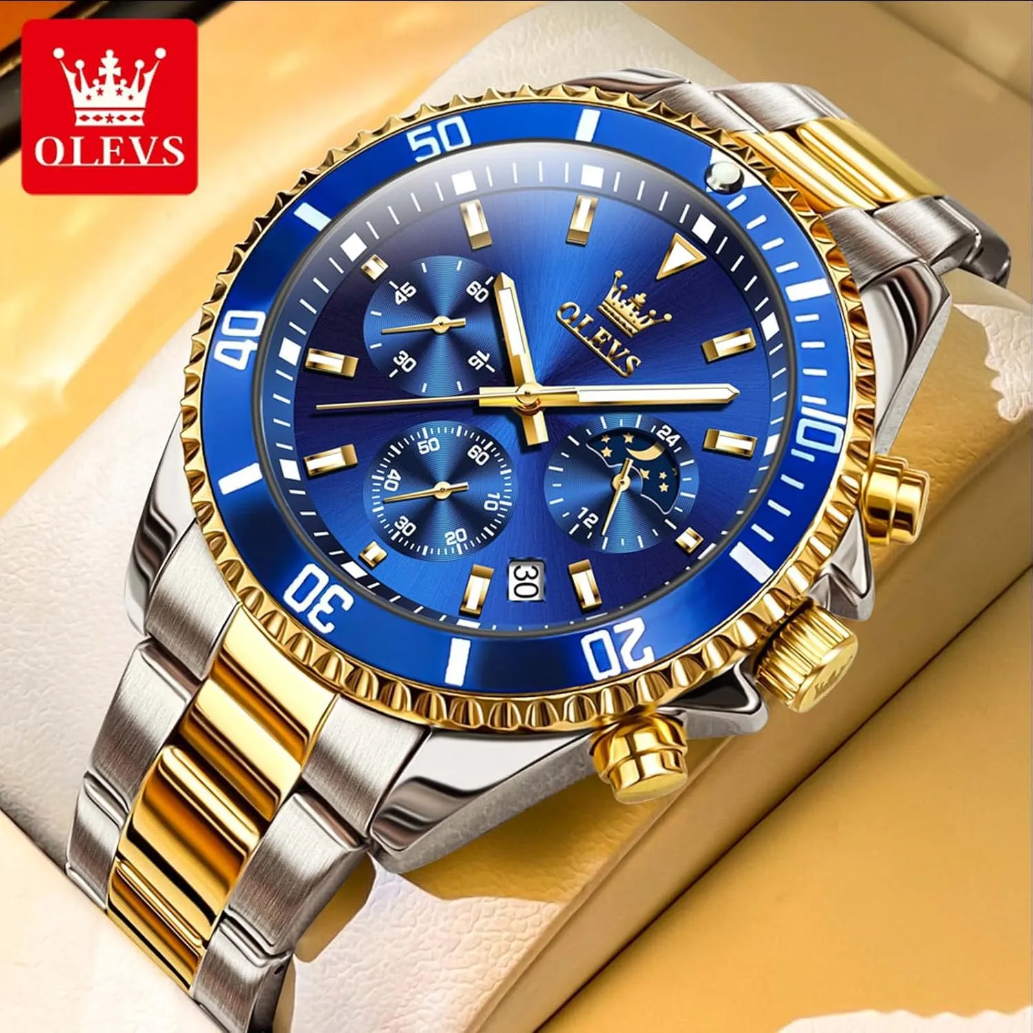 OLEVS Men Watch,Big Dial Watches for Men Stainless Steel Watch with Day Waterproof Analog Quartz Watches for Man Classic Business Wristwatch Luxury Luminous Round for Men Rotatable Bezel Watch