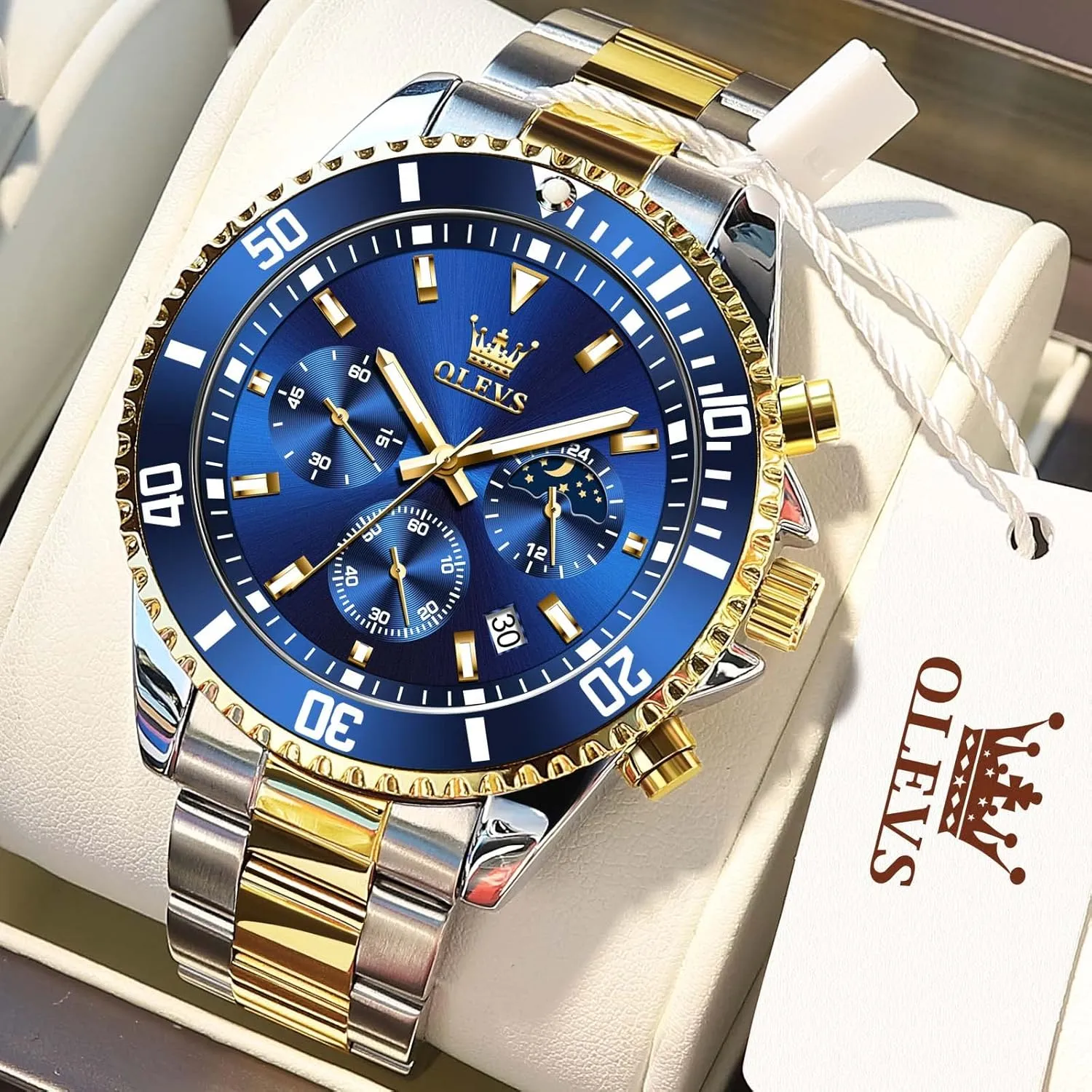 OLEVS Men Watch,Big Dial Watches for Men Stainless Steel Watch with Day Waterproof Analog Quartz Watches for Man Classic Business Wristwatch Luxury Luminous Round for Men Rotatable Bezel Watch