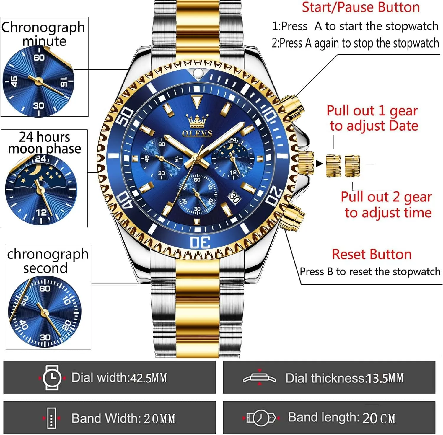 OLEVS Men Watch,Big Dial Watches for Men Stainless Steel Watch with Day Waterproof Analog Quartz Watches for Man Classic Business Wristwatch Luxury Luminous Round for Men Rotatable Bezel Watch