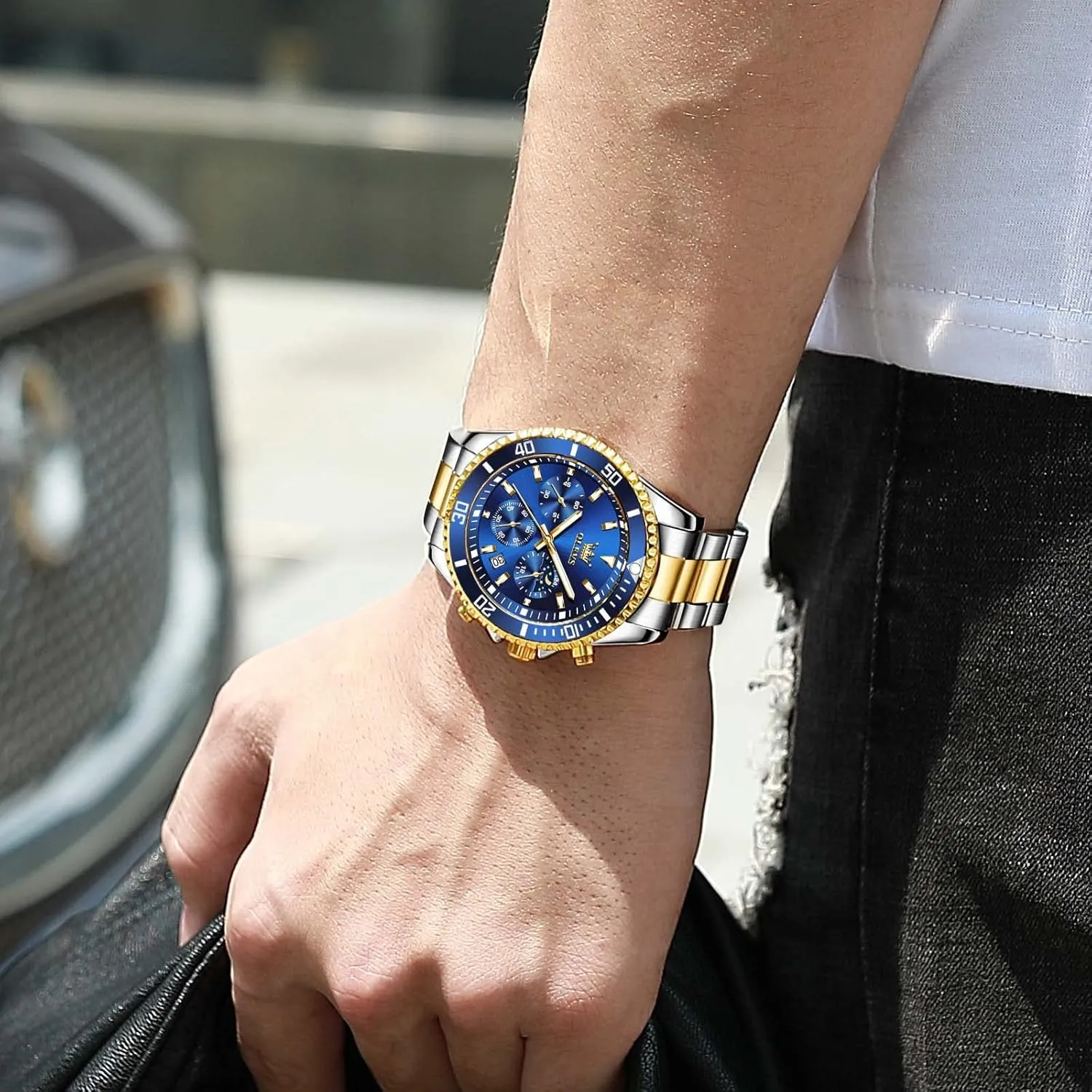 OLEVS Men Watch,Big Dial Watches for Men Stainless Steel Watch with Day Waterproof Analog Quartz Watches for Man Classic Business Wristwatch Luxury Luminous Round for Men Rotatable Bezel Watch