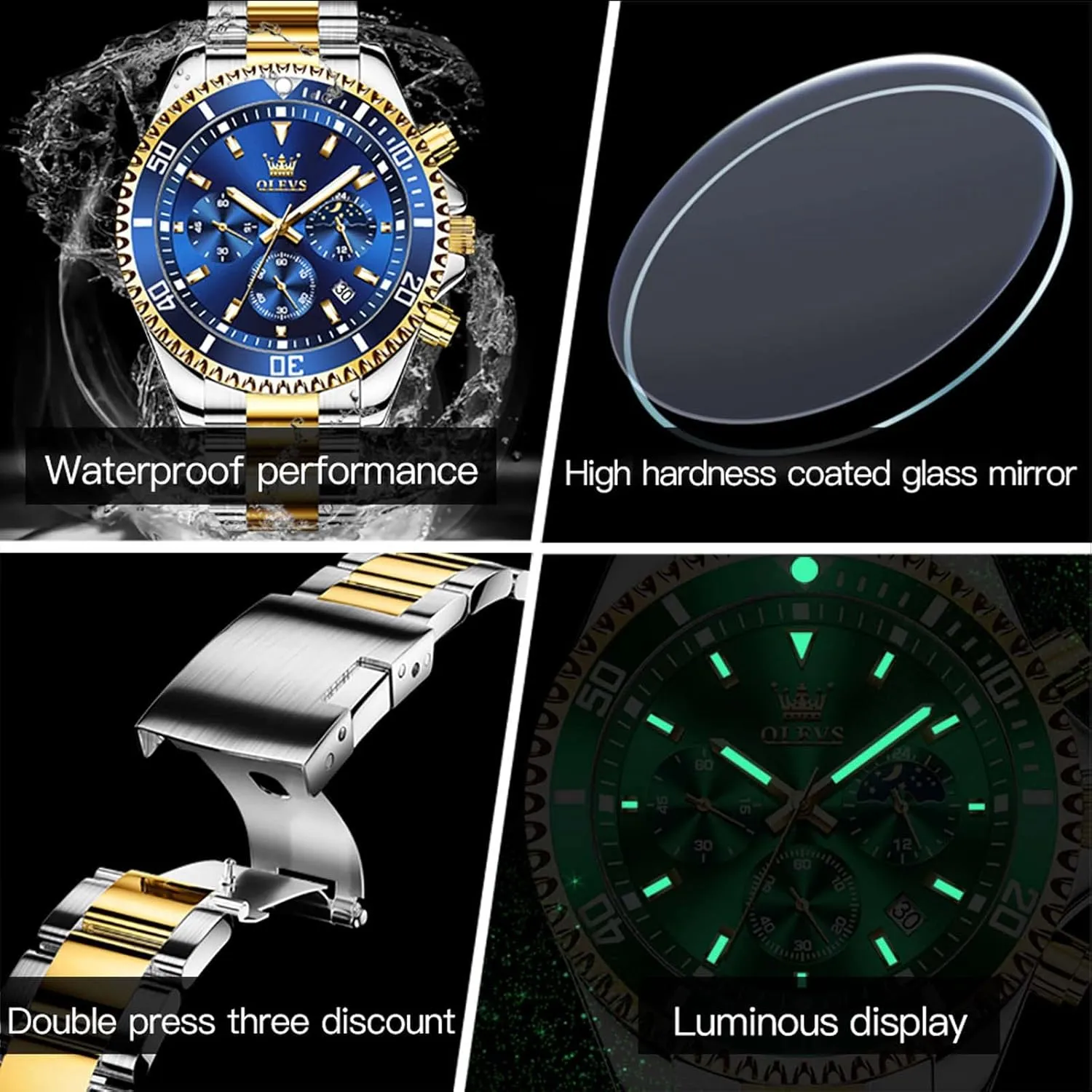 OLEVS Men Watch,Big Dial Watches for Men Stainless Steel Watch with Day Waterproof Analog Quartz Watches for Man Classic Business Wristwatch Luxury Luminous Round for Men Rotatable Bezel Watch