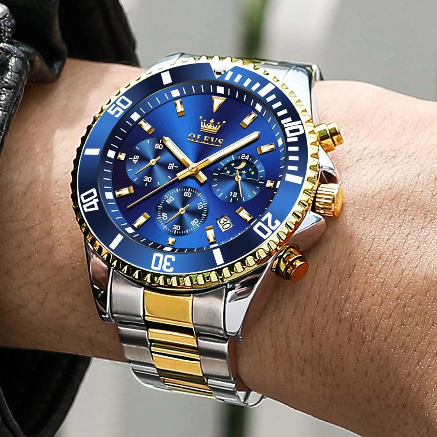 OLEVS Men Watch,Big Dial Watches for Men Stainless Steel Watch with Day Waterproof Analog Quartz Watches for Man Classic Business Wristwatch Luxury Luminous Round for Men Rotatable Bezel Watch