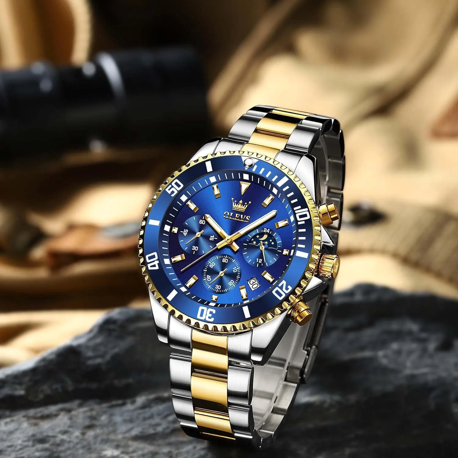 OLEVS Men Watch,Big Dial Watches for Men Stainless Steel Watch with Day Waterproof Analog Quartz Watches for Man Classic Business Wristwatch Luxury Luminous Round for Men Rotatable Bezel Watch