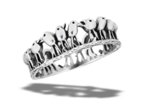 Sterling Silver Bird Families Eating On Branch Ring