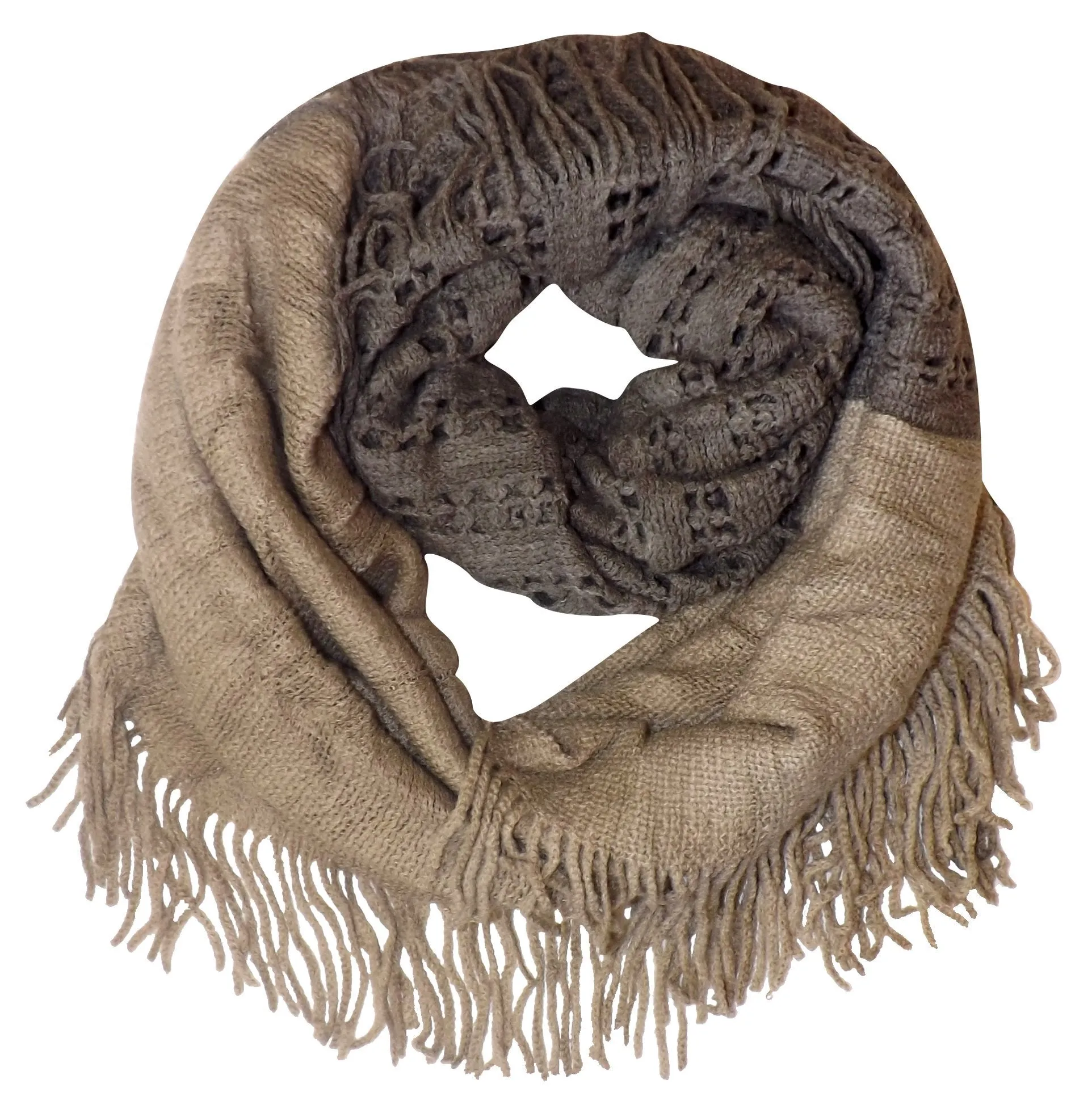 Taupe Square Peach Couture Warm Bohemian Crochet Hand Knitted Fringe Infinity Loop Scarf Wrap