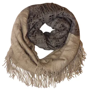 Taupe Square Peach Couture Warm Bohemian Crochet Hand Knitted Fringe Infinity Loop Scarf Wrap