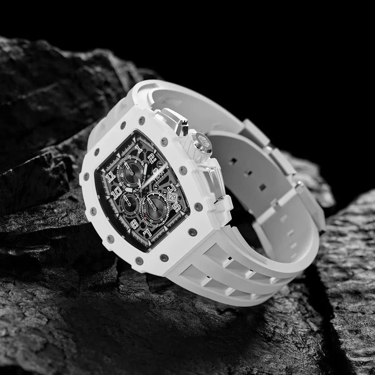 Watches Men Luxury Square Mens Watch Chronograph 50M Waterproof Sapphire Glass Japan Quartz Movement TMI VK67 Silicone Strap Classic Tonneau Design Luminous Calendar Wrist Watches