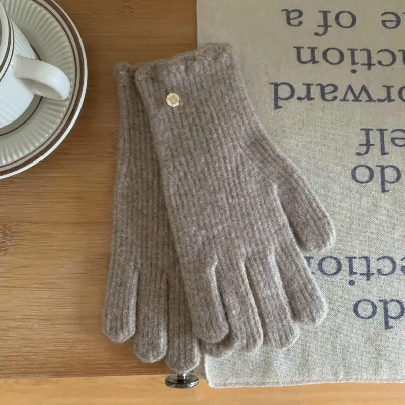 Winter Solid Color Woolen Ruffled Warm Gloves For Women